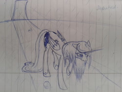 Size: 2048x1536 | Tagged: safe, artist:petunedrop, princess luna, alicorn, pony, crying, lined paper, monochrome, rain, sad, solo, traditional art