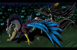 Size: 1600x1059 | Tagged: safe, artist:dantalianletrou, discord, princess celestia, alicorn, changeling, draconequus, pony, changeling swarm, female, glowing horn, grass, horn, male, mare, wings