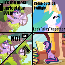 Size: 909x910 | Tagged: safe, princess celestia, twilight sparkle, alicorn, pony, come outside chris, comic, implied molestia, reading, tv rating