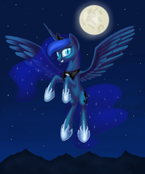 Size: 2500x3000 | Tagged: safe, artist:1nakir1, princess luna, alicorn, pony, flying, grin, looking at you, moon, night, nightmare luna, sky, slit eyes, smiling, solo, spread wings, squee