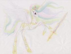 Size: 3289x2499 | Tagged: safe, artist:goldie5999, princess celestia, alicorn, pony, armor, solo, sword, traditional art, warrior celestia, weapon