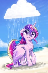 Size: 1000x1500 | Tagged: safe, artist:kp-shadowsquirrel, princess cadance, alicorn, pony, :c, beach, cloud, floppy ears, frown, looking at you, princess sadance, rain, sad, solo, spread wings, tail bow, wet, wet mane