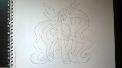 Size: 1632x918 | Tagged: safe, artist:muffin mane, princess celestia, alicorn, pony, lineart, monochrome, pencil drawing, photo, raised hoof, solo, spread wings, wip