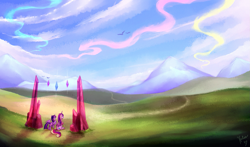 Size: 1275x750 | Tagged: safe, artist:heilos, princess cadance, twilight sparkle, twilight sparkle (alicorn), alicorn, pony, female, mare, scenery