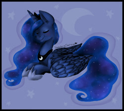 Size: 1950x1750 | Tagged: safe, artist:drawing-heart, princess luna, alicorn, pony, eyes closed, prone, smiling, solo