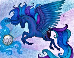 Size: 3218x2522 | Tagged: safe, artist:raveneyestheworgen, princess luna, alicorn, pony, flying, older, realistic, solo, spread wings, traditional art