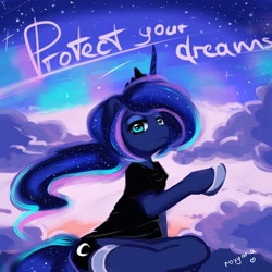 Size: 2000x2000 | Tagged: safe, artist:roxyaria, princess luna, alicorn, pony, semi-anthro, clothes, night, sky, solo, sunset