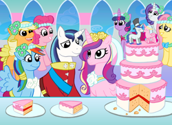 Size: 1238x900 | Tagged: safe, artist:curtsibling, applejack, fluttershy, pinkie pie, princess cadance, rainbow dash, rarity, shining armor, twilight sparkle, alicorn, earth pony, pegasus, pony, unicorn, cake, mane six, purple wedding, red wedding, this will end in tears, wedding