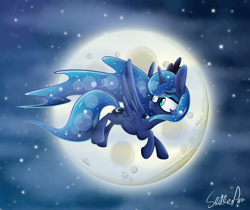 Size: 1250x1050 | Tagged: safe, artist:slitherpon, princess luna, alicorn, pony, looking back, moon, night, solo