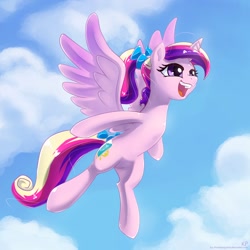 Size: 1500x1500 | Tagged: safe, artist:kp-shadowsquirrel, princess cadance, alicorn, pony, female, flying, happy, open mouth, solo, teen princess cadance