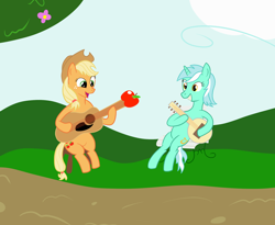 Size: 2200x1800 | Tagged: safe, artist:vera-kerzeal, derpibooru import, applejack, lyra heartstrings, earth pony, pony, banjo, deliverance, dueling banjos, guitar, musical instrument