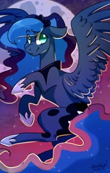 Size: 1229x1920 | Tagged: safe, artist:hazelmutt, princess luna, alicorn, pony, flying, moon, solo