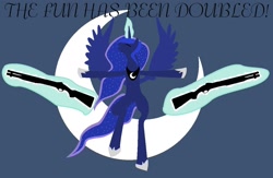 Size: 1150x750 | Tagged: safe, artist:vansmidt, derpibooru exclusive, princess luna, alicorn, pony, eyes closed, flying, funny, gun, magic, moon, nightmare night, open mouth, pointing, shotgun, smiling, solo, spread wings, telekinesis, the fun has been doubled, wallpaper, weapon