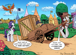 Size: 1024x740 | Tagged: safe, artist:pony-berserker, princess luna, rarity, oc, oc:longhaul, oc:southern comfort, alicorn, earth pony, pegasus, pony, unicorn, carousel boutique, cart, crate, dark matter, dialogue, giant crab, i can't believe it's not idw, implied ponies eating meat, implied rarity fighting a giant crab, meat, wagon