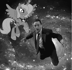 Size: 403x392 | Tagged: safe, princess luna, human, christopher walken, irl, irl human, jontron, monochrome, photo, s1 luna, space, space ace!