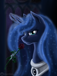 Size: 1200x1600 | Tagged: safe, artist:adalbertus, edit, princess luna, alicorn, pony, magic, rose, solo, telekinesis