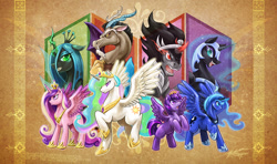 Size: 1280x758 | Tagged: safe, artist:slifertheskydragon, discord, king sombra, nightmare moon, princess cadance, princess celestia, princess luna, queen chrysalis, twilight sparkle, twilight sparkle (alicorn), alicorn, changeling, changeling queen, draconequus, pony, unicorn, abstract background, alicorn tetrarchy, counterparts, ethereal mane, female, male, mare, new crown, stallion