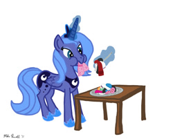 Size: 916x735 | Tagged: dead source, safe, princess luna, alicorn, pony, clothes, eating, female, fork, levitation, magic, mare, nom, plate, s1 luna, simple background, socks, solo, table, telekinesis, traditional art, wat, white background