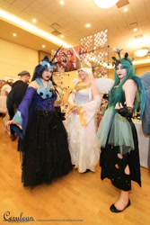 Size: 1366x2048 | Tagged: safe, nightmare moon, princess celestia, queen chrysalis, human, cosplay, irl, irl human, photo