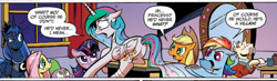 Size: 622x182 | Tagged: safe, idw, applejack, fluttershy, princess celestia, princess luna, rainbow dash, spike, twilight sparkle, alicorn, dragon, earth pony, pegasus, pony, spoiler:comic, spoiler:comic18, cropped, floppy ears, frown, glare, injured, mirror, open mouth, plot, raised eyebrow, suspicious, wide eyes