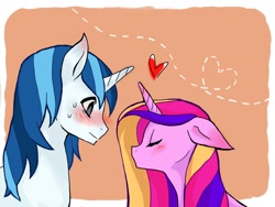 Size: 1600x1200 | Tagged: safe, artist:6 3, princess cadance, shining armor, alicorn, pony, unicorn, abstract background, blushing, bust, cute, female, heart, imminent kissing, male, pixiv, portrait, profile, shiningcadance, shipping, straight