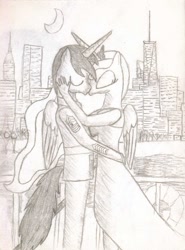 Size: 1024x1386 | Tagged: safe, artist:20thx5150, princess luna, oc, alicorn, anthro, alicorn oc, anthro oc, canon x oc, chrysler building, clothes, dress, kissing, manehattan, marines, monochrome, moon, one world trade center, sergeant, sergeant major, traditional art, uniform