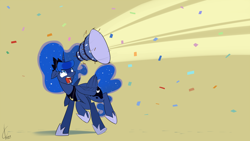 Size: 1920x1080 | Tagged: safe, artist:valcron, princess luna, alicorn, pony, birthday, cake, confetti, floppy ears, imminent splat, open mouth, raised hoof, solo, surprised, wide eyes