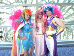 Size: 4608x3456 | Tagged: safe, artist:ladymella, artist:unkcos5, princess cadance, rainbow dash, shining armor, human, armor, clothes, cosplay, dress, gala dress, irl, irl human, photo, wondercon