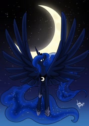 Size: 1024x1448 | Tagged: safe, artist:ladynanaki, princess luna, alicorn, pony, flying, large wings, moon, solo, spread wings, stars