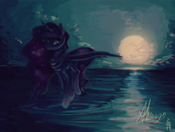 Size: 4941x3743 | Tagged: safe, artist:alumx, princess luna, alicorn, pony, absurd resolution, moon, night, ocean, solo, water