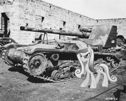 Size: 1024x818 | Tagged: safe, artist:kohlenklau, artist:voaxmasterspydre, edit, princess cadance, irl, monochrome, photo, ponies in real life, semovente 90/53, tank (vehicle), world war ii