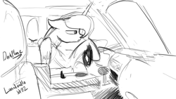 Size: 1280x720 | Tagged: safe, artist:darkflame75, princess luna, alicorn, pony, car, driving, lunadoodle, monochrome, solo