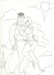 Size: 759x1052 | Tagged: safe, artist:flanaganisking, princess celestia, human, crossover, crossover shipping, female, flying, humanized, male, midriff, monochrome, straight, supelestia, superman, the crack otp to end all crack otps, traditional art