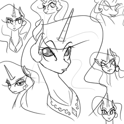 Size: 1280x1280 | Tagged: safe, artist:defective, princess celestia, alicorn, pony, duckface, monochrome, sketch dump