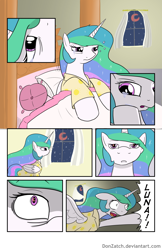 Size: 792x1224 | Tagged: safe, artist:donzatch, princess celestia, alicorn, pony, comic:tale of twilight, bed, blood moon, clothes, comic, crying, moon, pajamas, pillow, solo