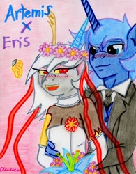 Size: 561x720 | Tagged: safe, artist:the1king, discord, eris, prince artemis, princess luna, anthro, arteris, clothes, dress, rule 63, traditional art, tuxedo, wedding, wedding dress