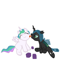 Size: 500x500 | Tagged: safe, artist:lemurkatta, princess celestia, queen chrysalis, alicorn, changeling, changeling queen, nymph, pony, blocks, chryslestia, cute, cutealis, cutelestia, female, filly, foal, lesbian, licking, shipping, simple background, transparent background, younger