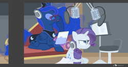 Size: 1560x825 | Tagged: safe, artist:dm29, princess luna, rarity, alicorn, pony, unicorn, duo, glasses, rarity is not amused, studio, tabitha st. germain, unamused, voice acting, voice actor joke