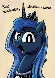 Size: 1280x1811 | Tagged: safe, artist:lovelyneckbeard, princess luna, alicorn, pony, happy, looking at you, open mouth, portrait, simple background, smiling, solo