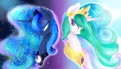 Size: 3500x2000 | Tagged: dead source, safe, artist:alicjaspring, princess celestia, princess luna, alicorn, pony, bust, colored pupils, eye contact, long mane