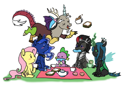 Size: 1340x936 | Tagged: safe, artist:gothtigressa, discord, fluttershy, king sombra, princess luna, queen chrysalis, spike, alicorn, changeling, changeling queen, dragon, pegasus, pony, unicorn, food, picnic, sandwich, tea party, teacup