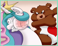 Size: 1280x1008 | Tagged: safe, artist:virus-20, princess celestia, alicorn, pony, abuse, care bears, celestiabuse, crossover, fight, punch, tenderheart bear