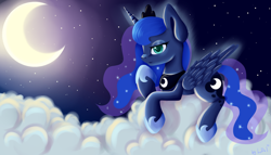 Size: 1400x800 | Tagged: safe, artist:lightdelpony, princess luna, alicorn, pony, cloud, cloudy, moon, night, prone, solo, stars