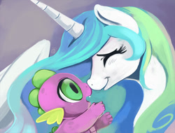 Size: 680x517 | Tagged: safe, artist:ende26, princess celestia, spike, alicorn, dragon, pony, baby spike, boop, cute, ende will be the end of us, eyes closed, fangs, female, male, mare, missing accessory, momlestia, noseboop, open mouth, smiling, spikabetes, spikelove