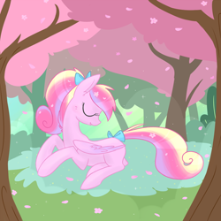 Size: 750x750 | Tagged: safe, artist:meekcheep, princess cadance, alicorn, pegasus, pony, beautiful, bow, cherry orchard, cherry tree, pegasus cadance, ponytail, smiling, solo, sparkles, tail bow, tree