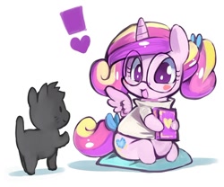 Size: 860x715 | Tagged: safe, artist:ende26, princess cadance, alicorn, cat, pony, book, chibi, clothes, filly, glasses, younger