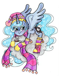 Size: 900x1164 | Tagged: safe, artist:oriwhitedeer, princess luna, alicorn, pony, boots, clothes, cloud, cute, hat, lunabetes, mug, scarf, socks, solo, traditional art