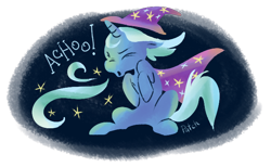 Size: 670x414 | Tagged: safe, artist:pashapup, derpibooru import, trixie, pony, unicorn, eyes closed, female, mare, sitting, sneezing, solo