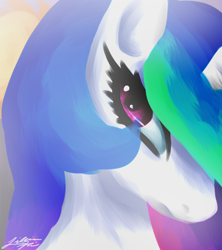 Size: 400x450 | Tagged: safe, artist:mickeym0o, princess celestia, alicorn, pony, bust, female, horn, mare, multicolored mane, solo, white coat