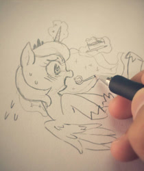 Size: 720x856 | Tagged: safe, artist:kuang-han, princess luna, alicorn, pony, cute, feeding, filly, interaction, lunabetes, monochrome, pixiv, solo, spoon, traditional art, woona